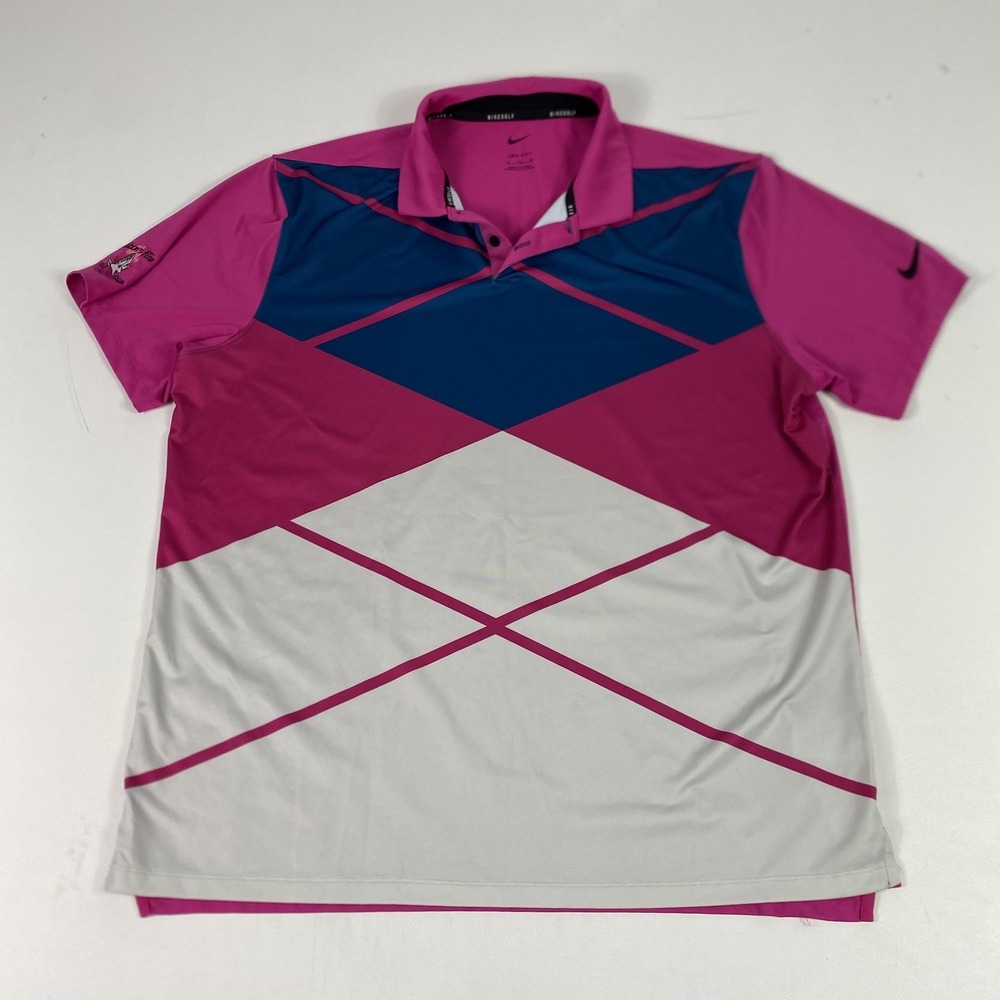 Nike Dri-FIT Polo Shirt Mens XL Pink Geometric Golf Falcons Fire‎ Short Sleeve